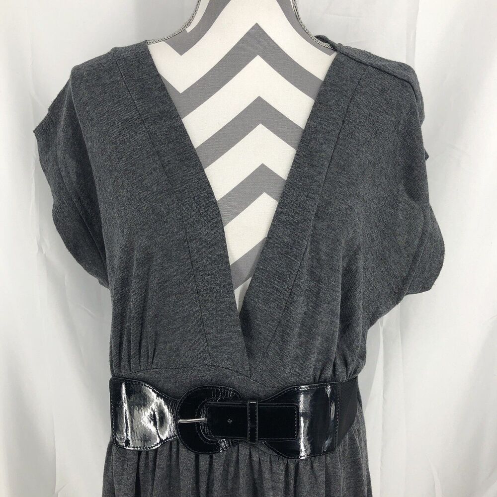LOVE CAMERON Gray Deep V Neck Faux Patent Leather Belt Dress SD10023X 2X Plus